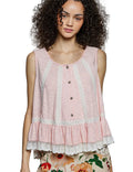 POL Lace Trim Ruffle Hem Button Detail Round Neck Sleeveless Top