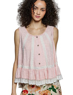 POL Lace Trim Ruffle Hem Button Detail Round Neck Sleeveless Top
