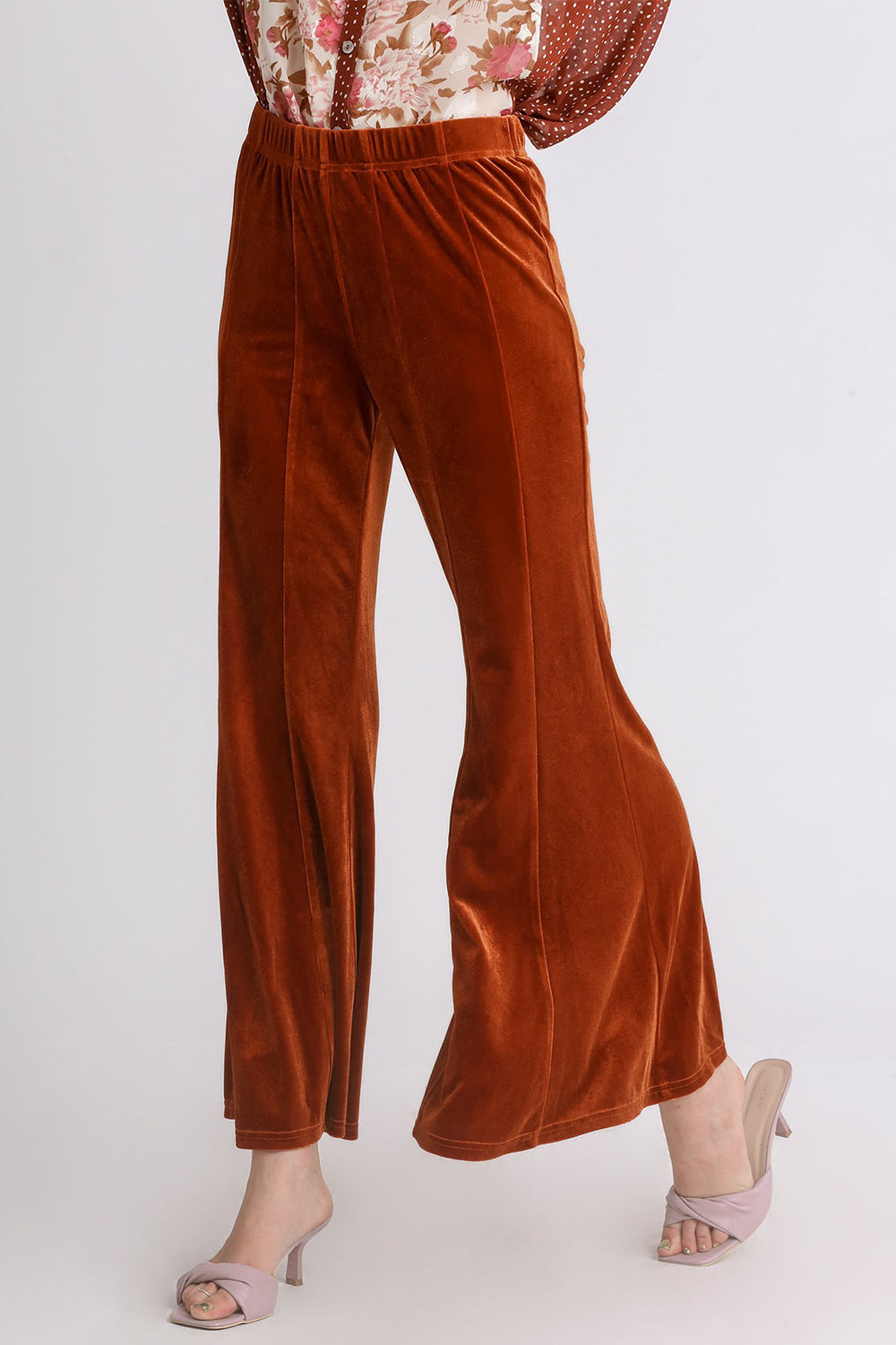 Umgee Flare Women Pants Velvet Terracotta High Rise Elastic Waist Terracotta 3308f6f5-3b2f-4679-9239-96823752d35d-Max Trendsi