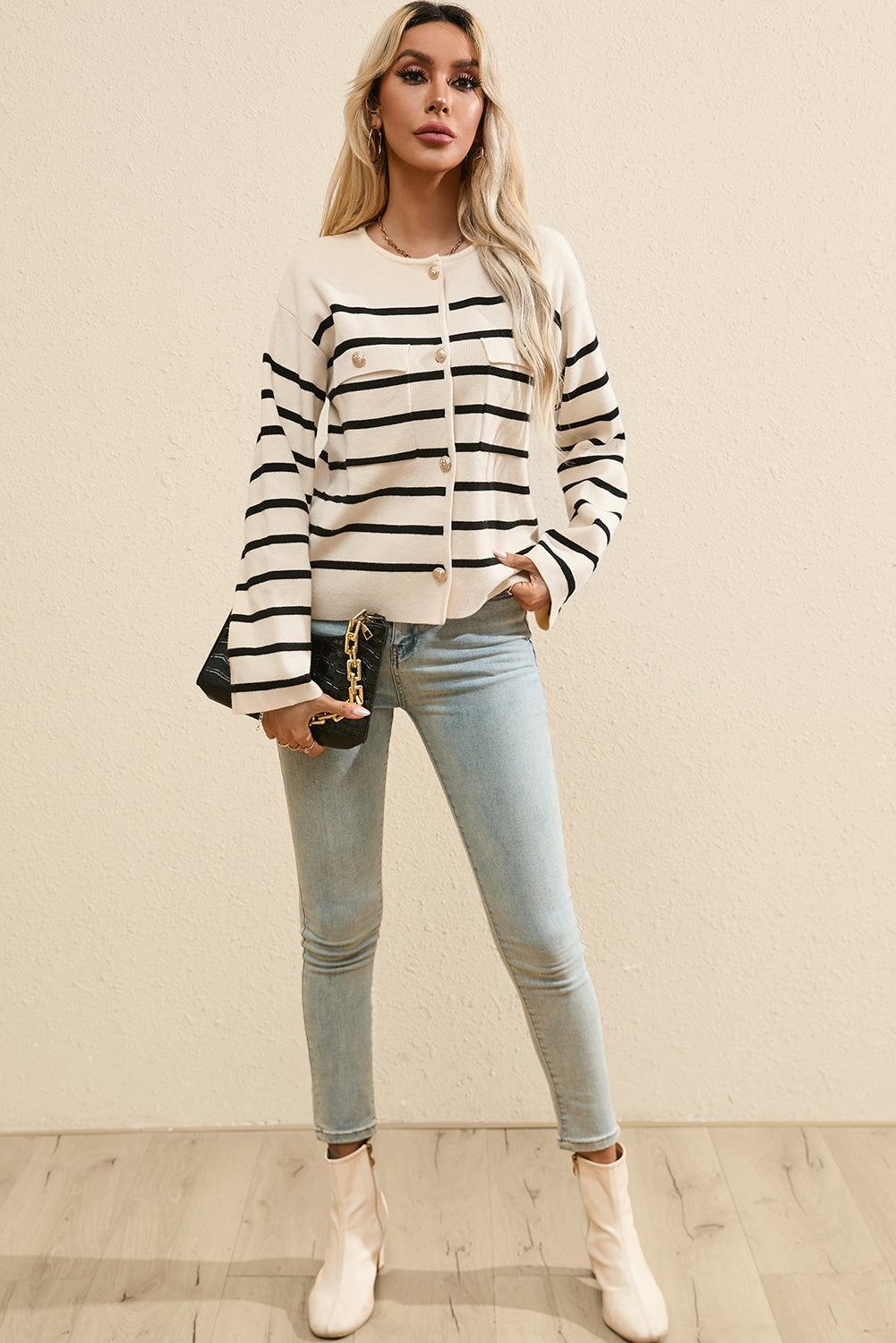 Striped Knit Cardigan Button Up Round Neck Flap Pockets 330ee4d8-6969-44b4-a523-65490663a7b6-Max Trendsi