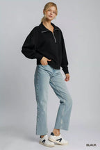 Umgee Women's Sweatshirt Black Half Zip Collar Drop Shoulder Long Sleeve 331504a2-78e2-4d7b-8bf0-f7cc4f953523-Max-Origin Trendsi