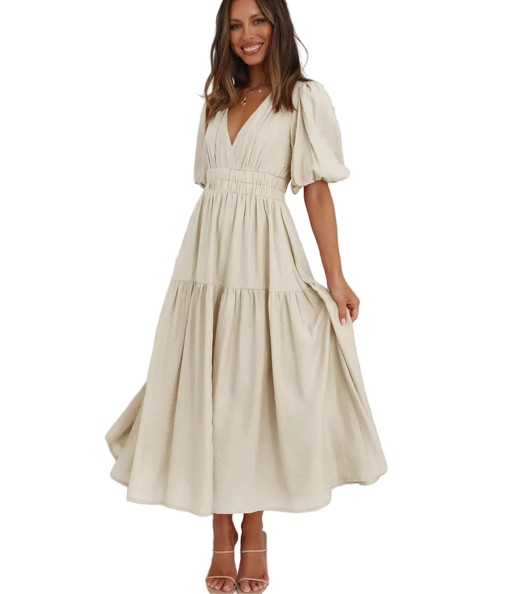 Tiered Surplice Half Sleeve Midi Dress