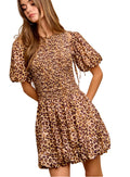 BiBi Leopard Bow Tie Attachable Puff Sleeves Dress