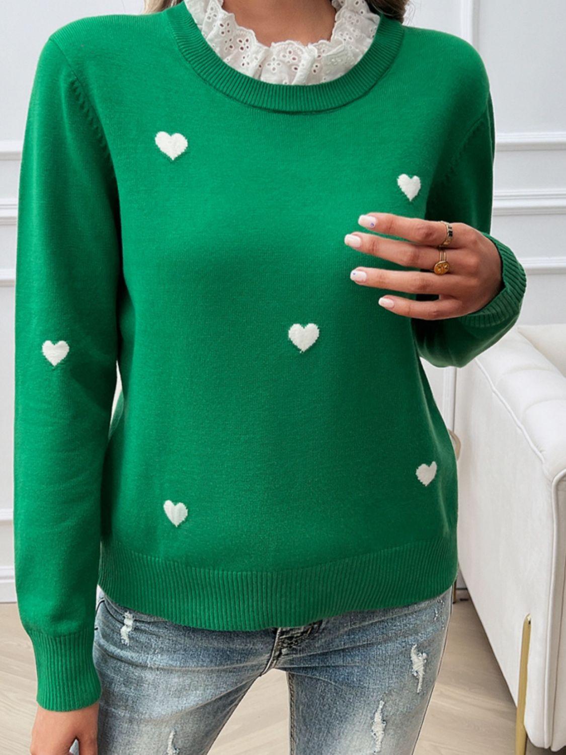 Heart Sweater Lace Collar Detail Long Sleeve Knitwear 33209928-f769-41a1-8ae4-b0d3f4992824-Max Trendsi