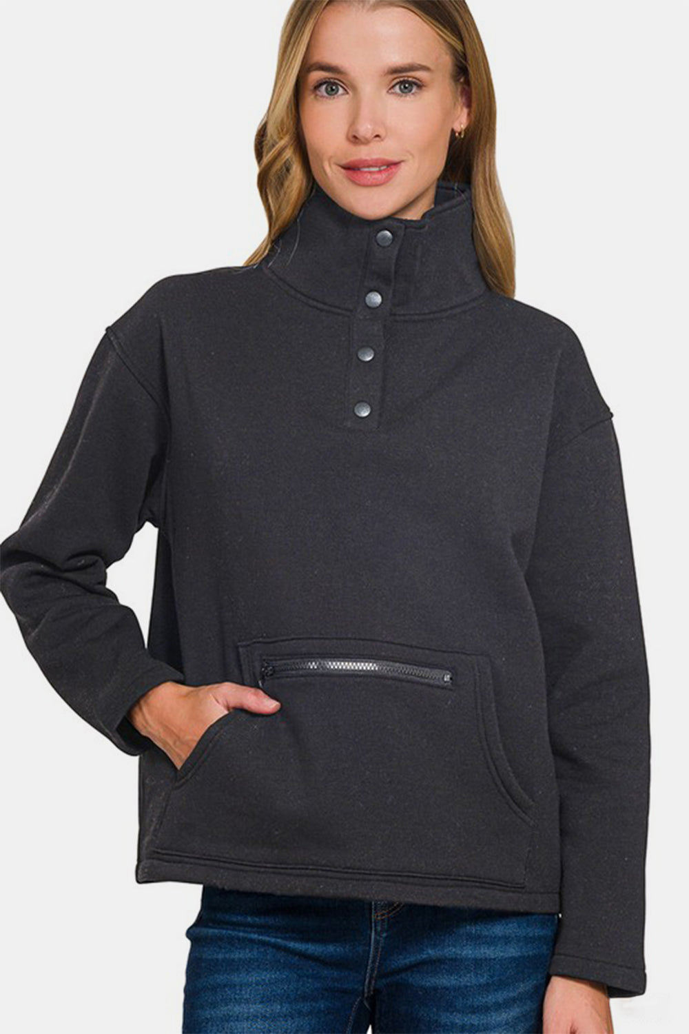 Zenana Sweatshirt Turtleneck Half Snap Fleece Long Sleeve Cotton Black