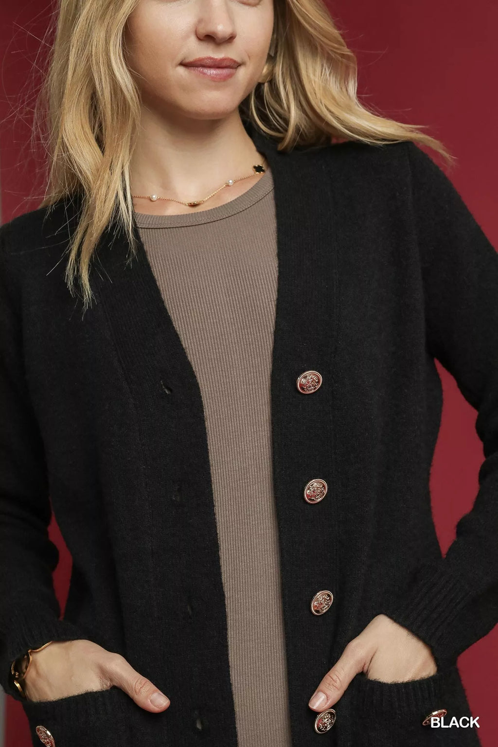 Umgee Sweater Cardigan Black Button Longline with Front Pockets 333095c9-8bf3-42d3-a289-da0a5de4405e-Max-Origin Trendsi