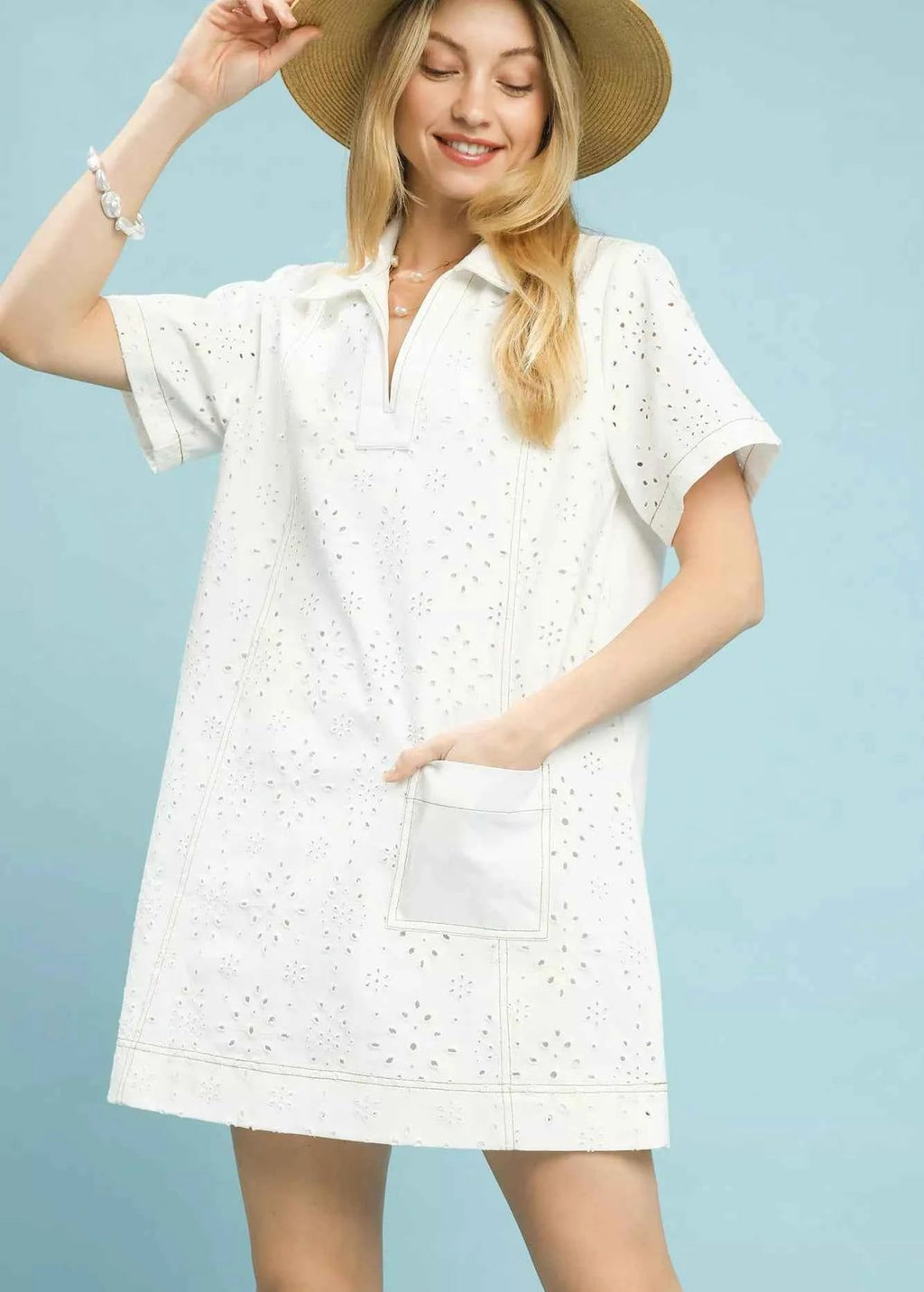 Umgee Shift Mini Dress Cream Eyelet Cotton Short Sleeve with Pocket CREAM 333ab06e-b3e1-4067-9413-ef2add99f702-Max-Origin Trendsi