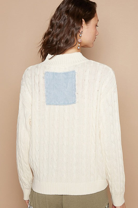 POL Cable-Knit Ivory Sweater Peace Patch Half Zip Mock Neck Long Sleeve 33420c7b-5ecf-423c-aa20-0c3ce3116d7e-Max Trendsi