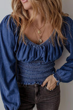Denim Top Smocked Long Sleeve Elastic Waist 3353eb59-2385-473a-afe8-64ed3cd8d546-Max Trendsi