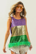 BiBi Sequin Top Mardi Gras Color Block Faux Feather Hem Sleeveless 33543125a54f479aa1605a3589790d36-Max-Origin Trendsi