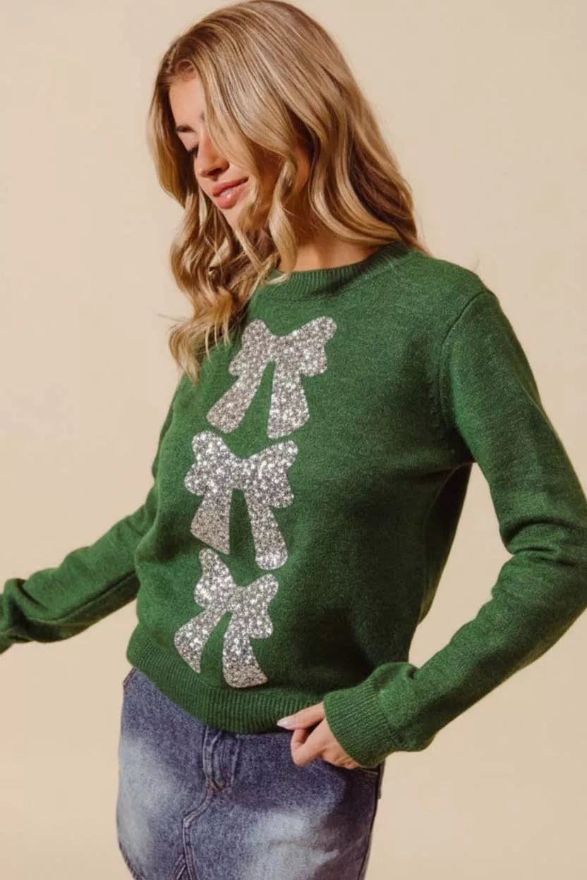 SO ME Womens Christmas Sweater Green Sequins Bow Ribbon Embellished 33571119-3615-4d4f-9b89-cc381f797392-Max-Origin Trendsi