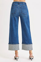 RISEN Women's Cuffed Jeans Ankle Wide Rhine Stone Dark Washed Denim 3359ed7639184d87b3978aa382346540-Max-Origin Trendsi