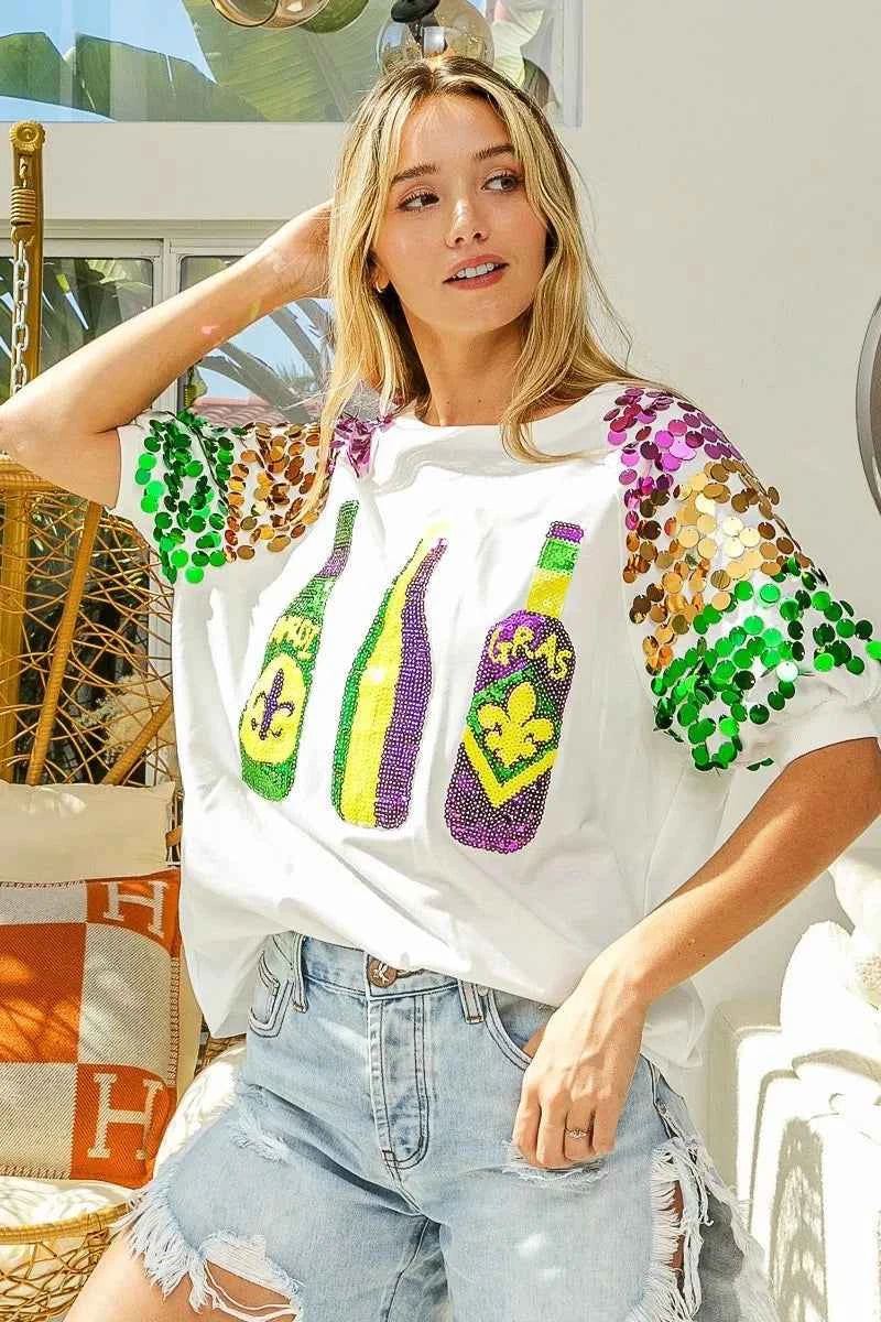 BiBi Sequin Mardi Gras Bottles Spangled Sleeve Top