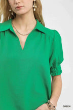 Umgee Blouse Green Seersucker Puff Short Sleeve Top
