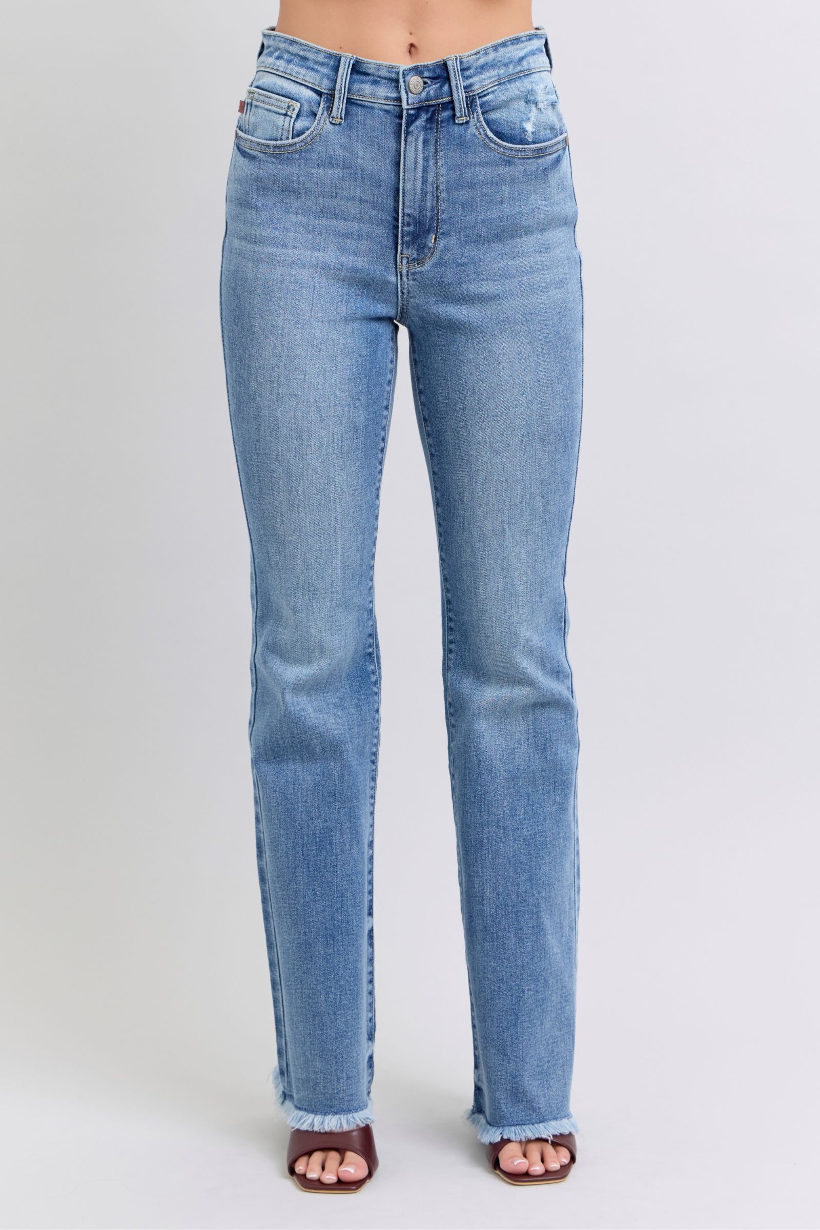 Judy Blue Full Size Jeans Raw Hem Women High Rise Bootcut Medium Wash Denim