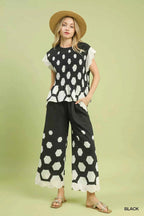 Umgee Blouse Black Hexagon Print Peplum Top Ruffled Short Sleeve 336f076a-7a0a-481e-b7a2-6f700b5adc2b-Max-Origin Trendsi