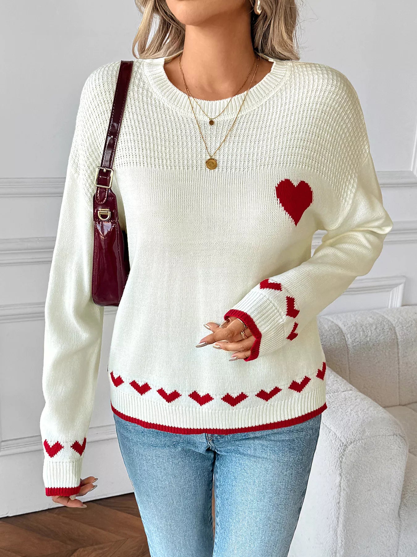 Women's Sweater White Heart Pattern Dropped Shoulder Long Sleeve Pullover 337861266d304dd79b286f6e47f19274-Max-Origin Trendsi