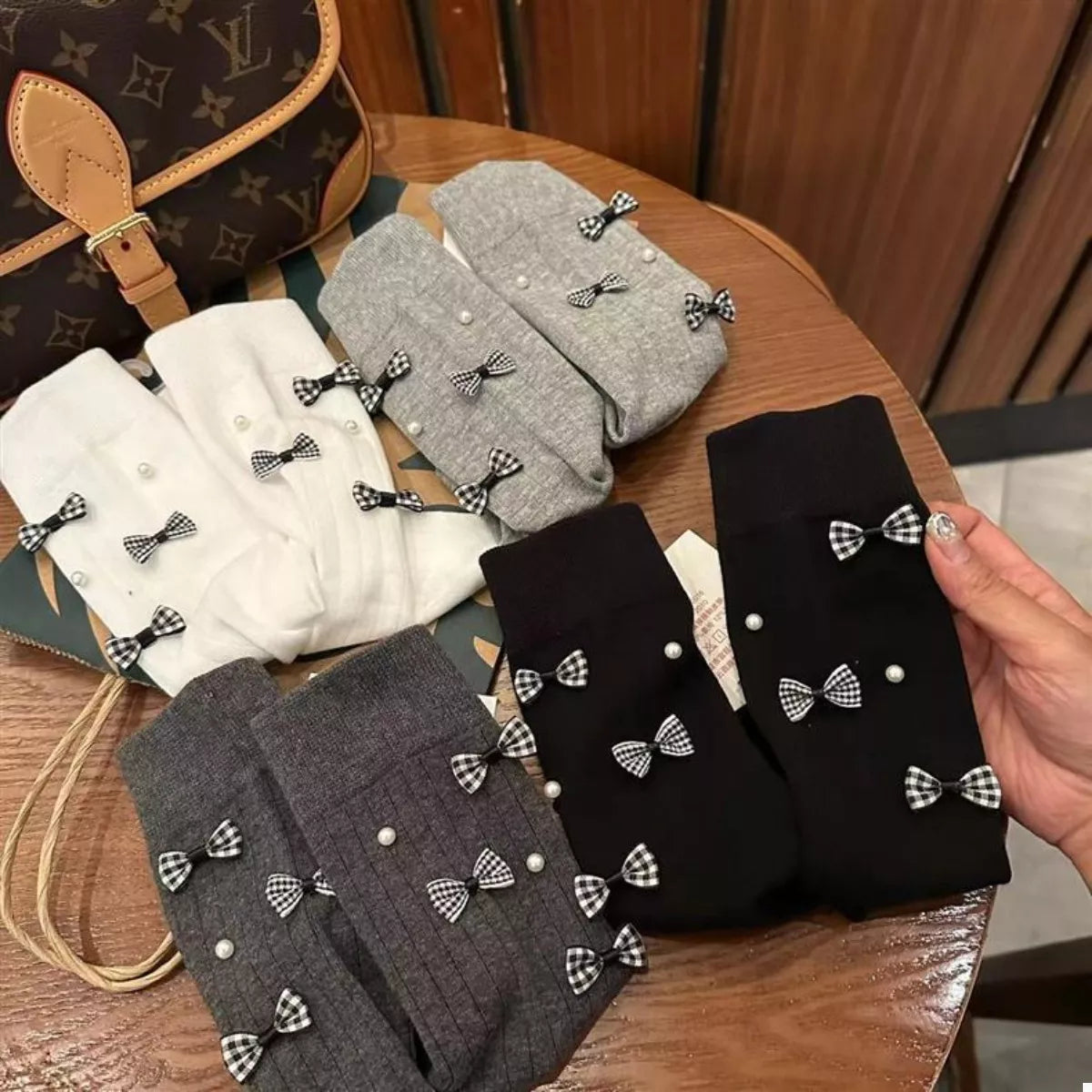 Women's Crew Socks Cotton Bow Pearl Detail Soft 1 Pair 3381c619-76a7-450b-a533-382df935fbaf-Max-Origin Trendsi