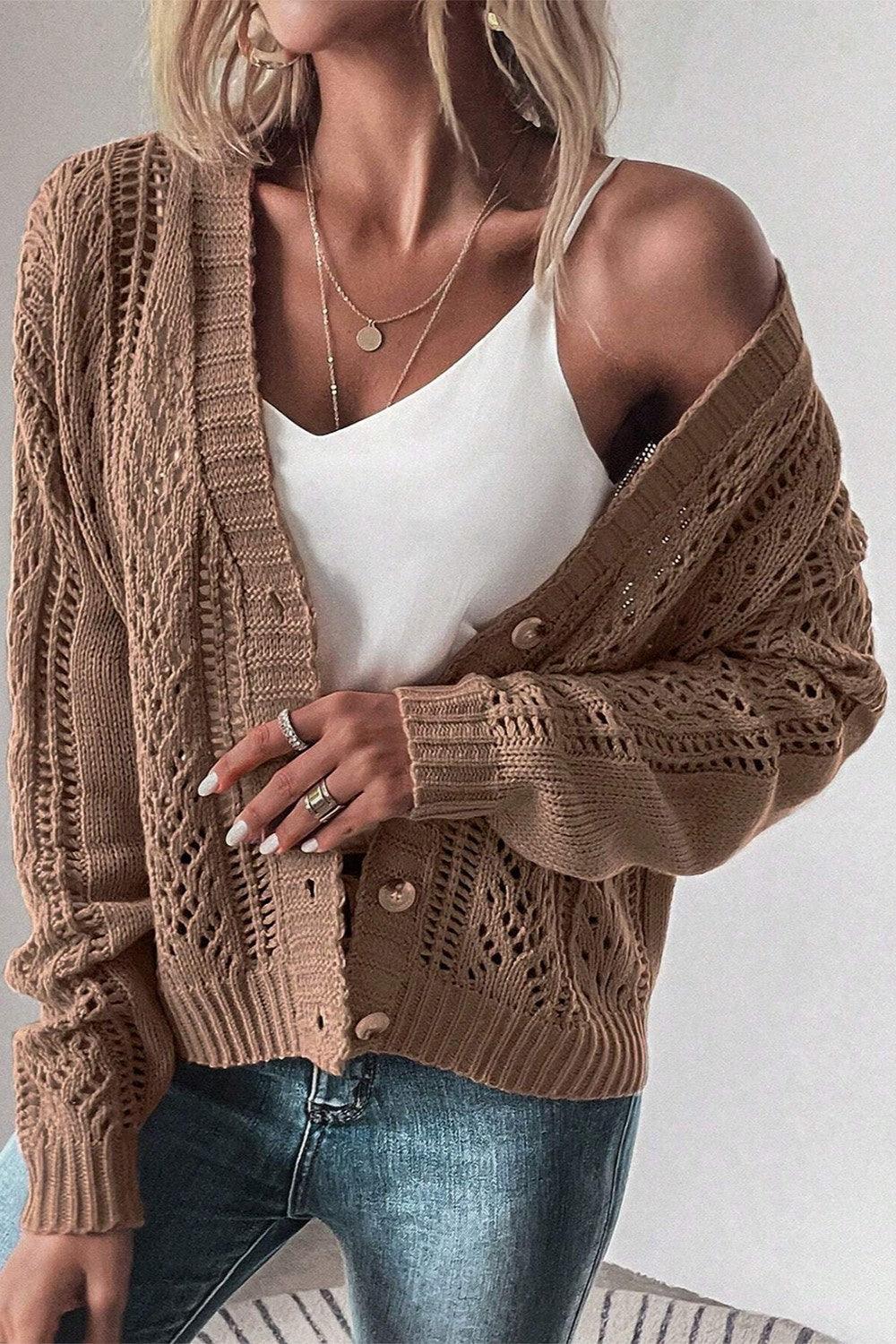 Cardigan Cotton Blend V Neck Openwork Button Up Long Sleeve