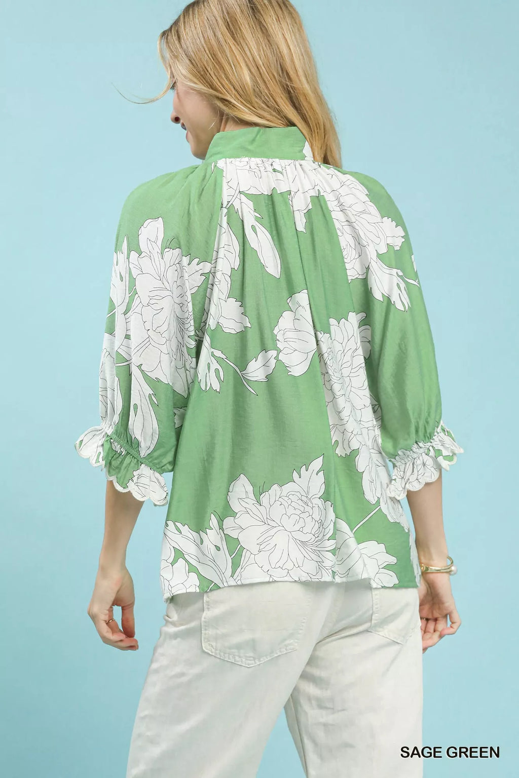 Umgee Womens Blouse Green Peony Illustration Print Flounce Short Sleeve Top 338ed703-ef1b-4172-aa65-7173a7838777-Max-Origin Trendsi