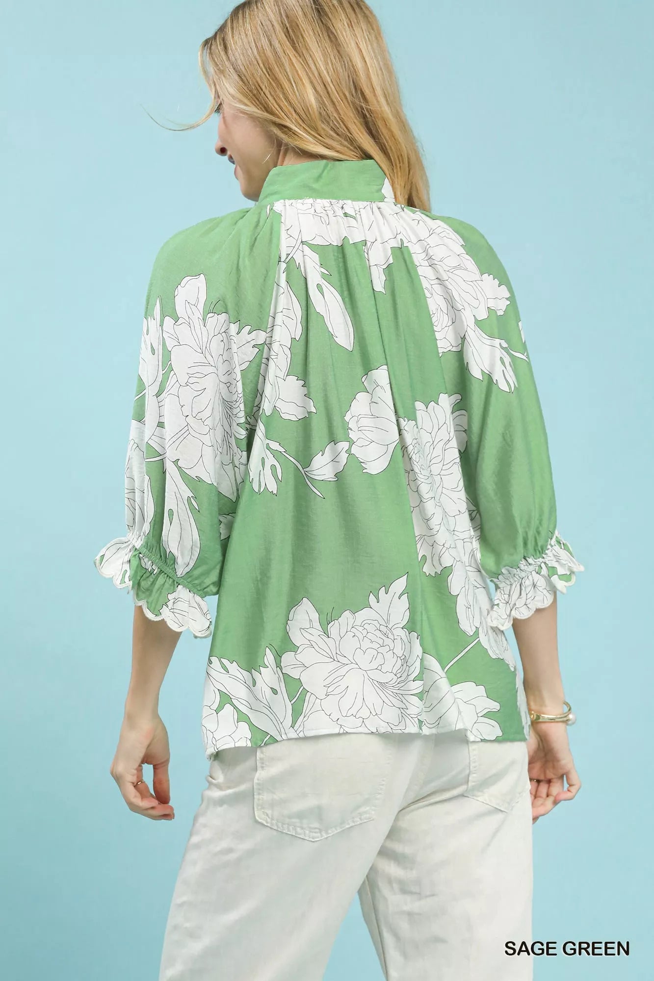 Umgee Womens Blouse Green Peony Illustration Print Flounce Short Sleeve Top 338ed703-ef1b-4172-aa65-7173a7838777-Max-Origin Trendsi