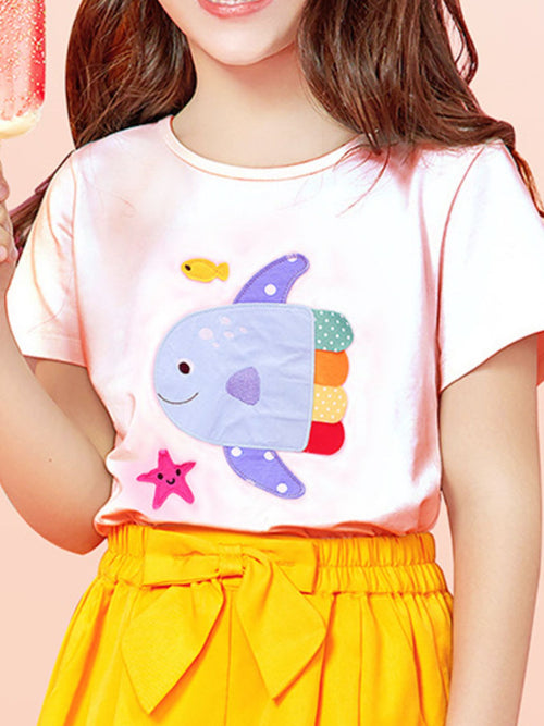 Children's Cartoon Fish Applique Short Sleeve T-Shirt