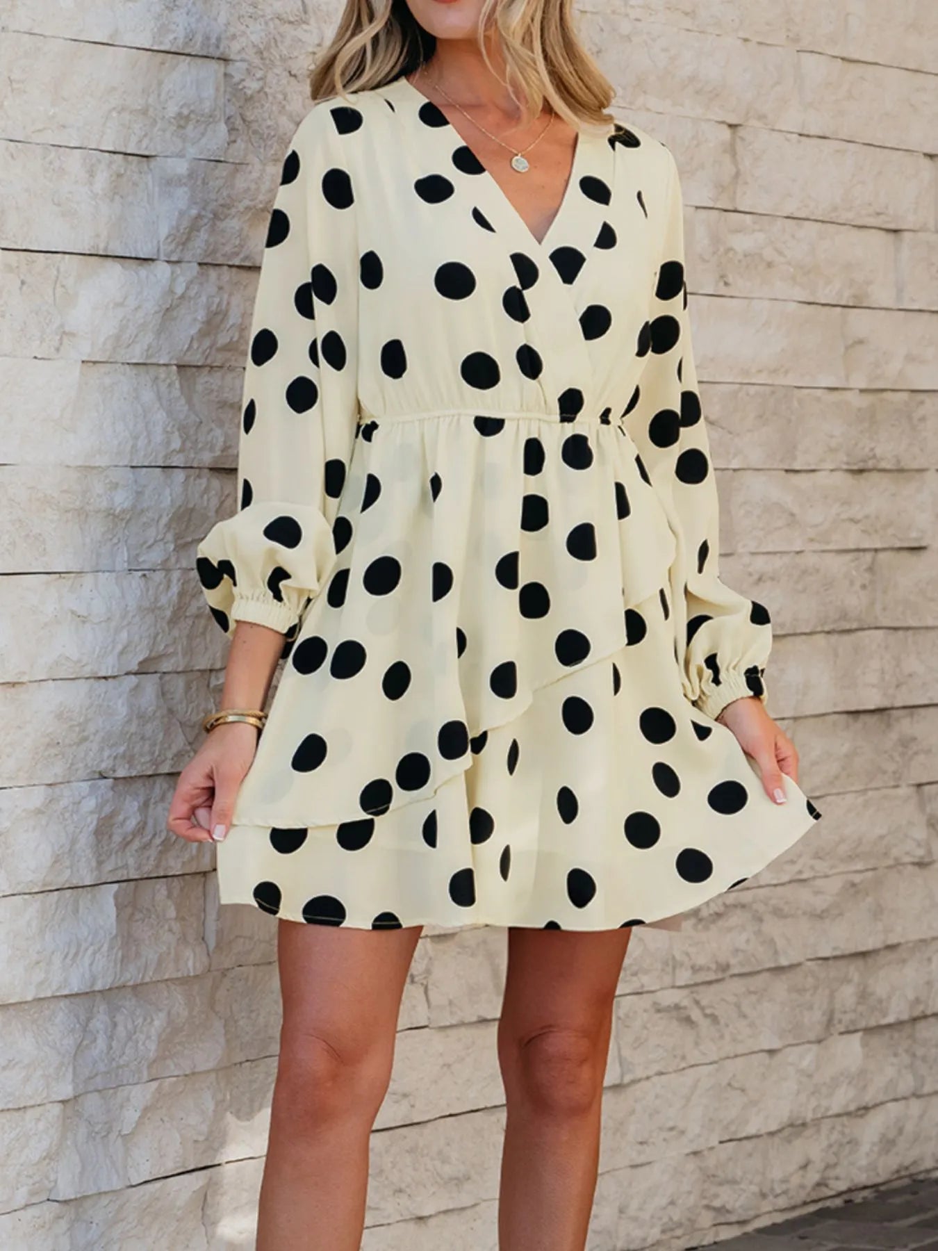 Mini Dress Polka Dot Beige Surplice V Neck Ruffled Puff Long Sleeve 339cb8e6-294e-485f-b899-7ca167eb8b9c-Max-Origin Trendsi