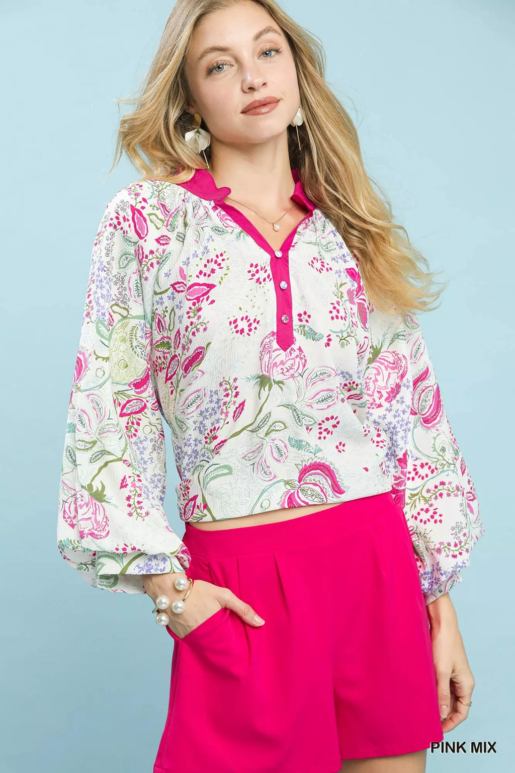 Umgee Blouse Pink Mix Paisley Floral Contrast Trim Long Sleeve Top 33a1b8a4-a386-4349-b7cf-623957200102-Max-Origin Trendsi