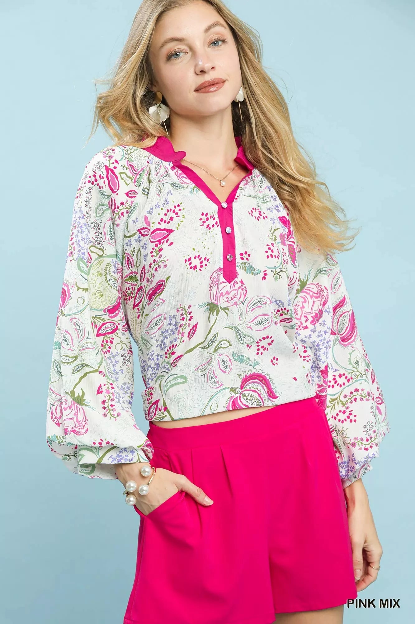 Umgee Blouse Pink Mix Paisley Floral Contrast Trim Long Sleeve Top 33a1b8a4-a386-4349-b7cf-623957200102-Max-Origin Trendsi