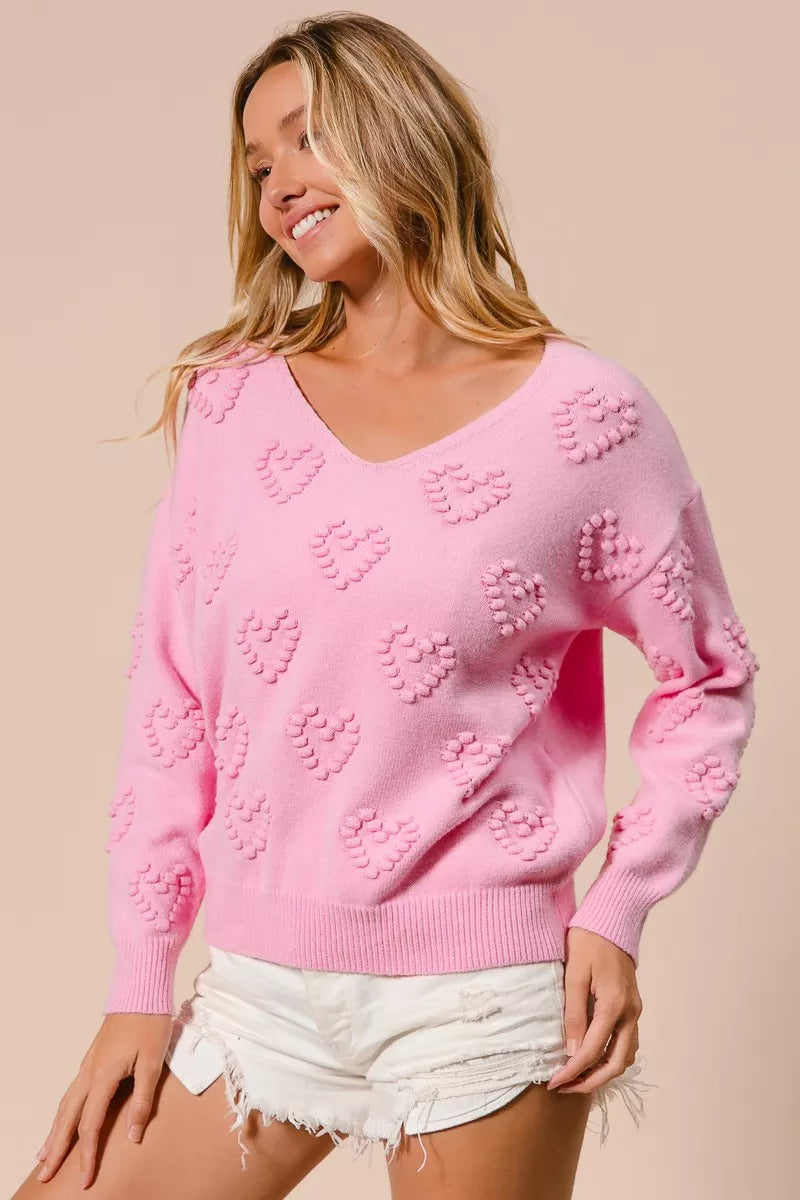 BiBi Women's Knit Top Pink Valentines Heart Pompom V Neck 33a1d7d320574e5a877e9d763c591539-Max-Origin Trendsi