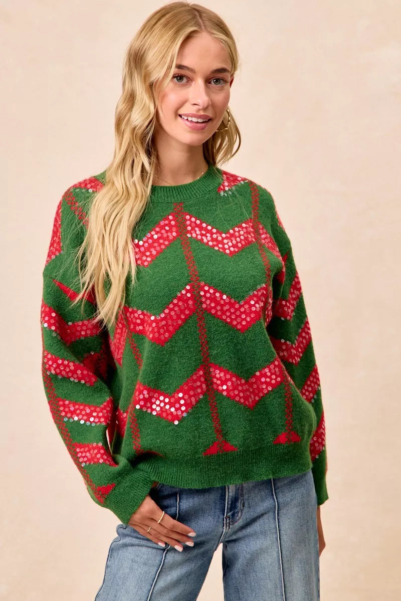 BiBi Sweater Christmas Theme Chevron Sequins Womens Green Red Pullover 33a5065f2d614c439749e94374b3a4a4-Max-Origin Trendsi