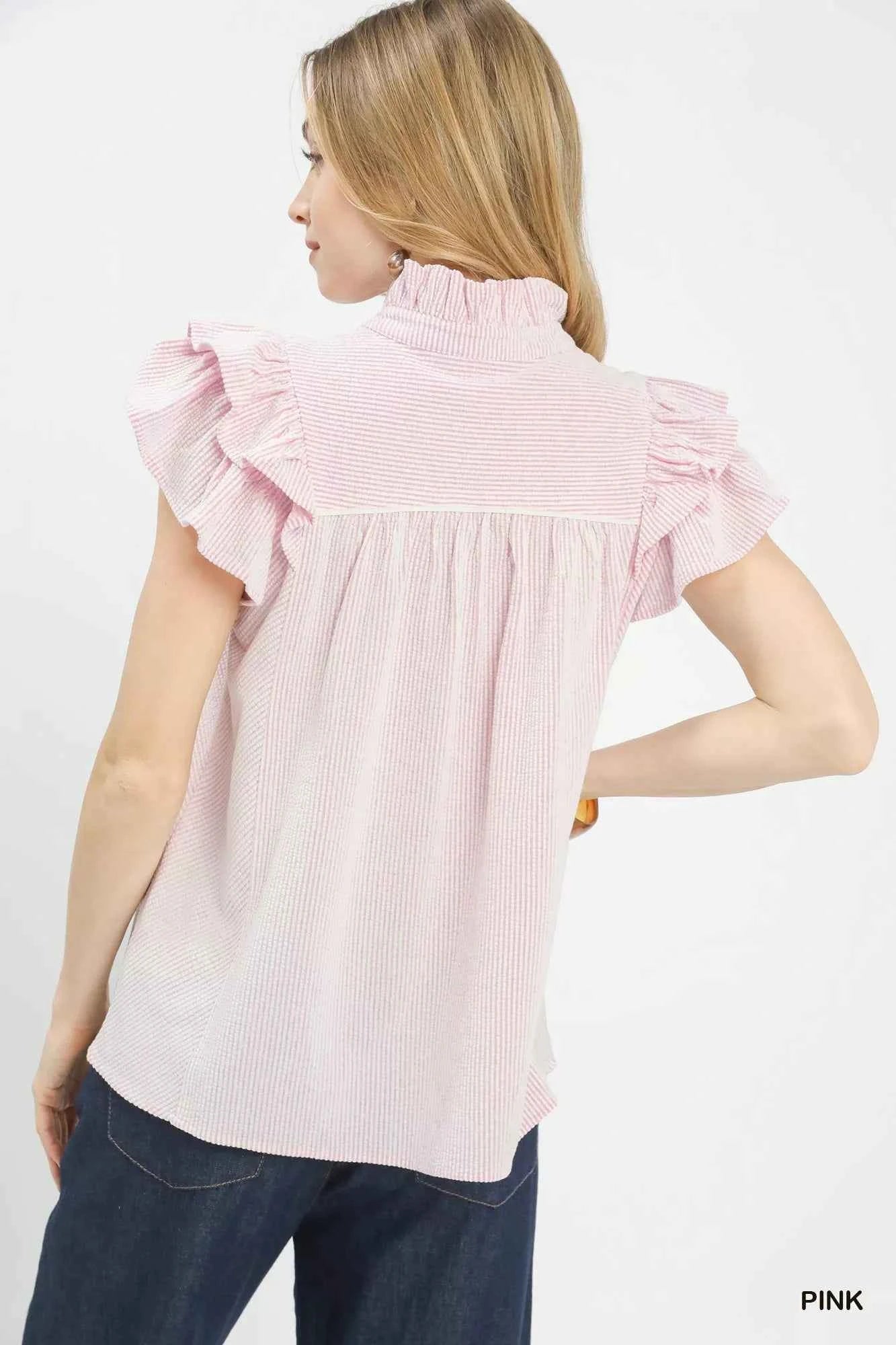 Umgee Blouse Textured Pink Ruffled Sleeve Short Sleeve Top 33ac208c-9461-49be-a1ac-ff8c04e0437b-Max-Origin Trendsi