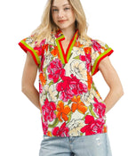 Umgee Floral Print Blouse with Contrast Trim