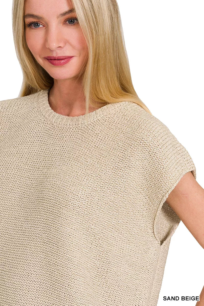 Zenana Sweater Vest Oversized Crew Neck Sand Beige Knit Pullover Short Sleeve 33bdc05a-fd0c-477c-9550-975104cba30b-Max-Origin Trendsi