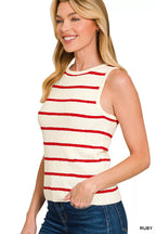 Zenana Knit Tank Top Ruby Red Stripe Round Neck Sleeveless 33c1f745ad8d4ec792accf814e4333c6-Max-Origin Trendsi