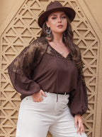 Plus Size Long Sleeve Blouse with Lace Detail and Tie Neck