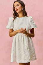 SO ME Jacquard Mini Dress White Floral Bubble Shorts Sleeves 33d8a474325f464c9543aa70e6b6c506-Max-Origin Trendsi