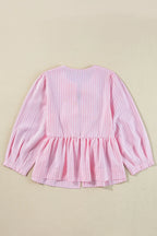 Women's Blouse Striped Blush Pink Bow Tie Front Peplum Long Sleeve Top 33d9e662-c565-42ff-aff4-6ec6ab1ce509-Max-Origin Trendsi