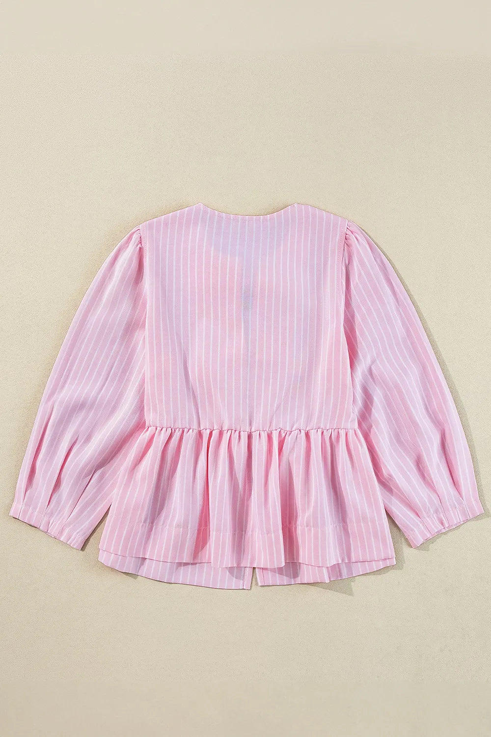 Women's Blouse Striped Blush Pink Bow Tie Front Peplum Long Sleeve Top 33d9e662-c565-42ff-aff4-6ec6ab1ce509-Max-Origin Trendsi
