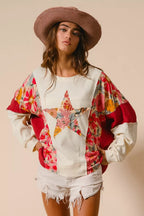 BiBi Sweatshirt Floral Print Mixed Star Patch Round Neck Top 33dc55bd4c114a108a1adba33494c014-Max-Origin Trendsi