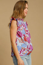 Umgee Floral Print Ruffled Cap Short Sleeve Blouse Plus Sizes 33e1c267-8ce0-417a-b842-7d885e081b77-Max Trendsi