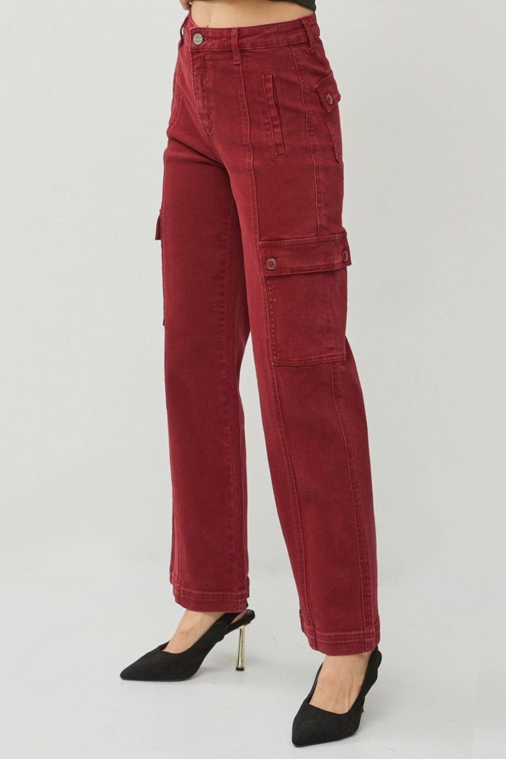 RISEN Wide Leg Cargo Jeans Burgundy High Waist Women Cotton Denim Pants Pocketed 33e27629-148e-4921-b417-dd561950e11e-Max Trendsi