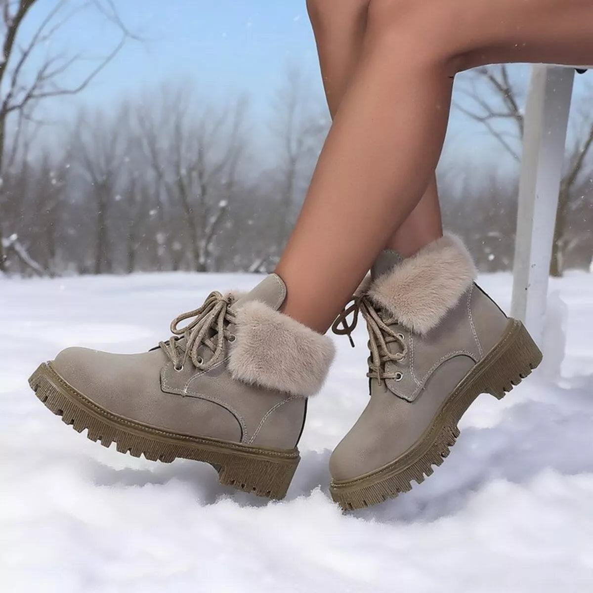 Women's Ankle Boots Faux Fur Lined Pu Leather Lace Up Round Toe Block Heels 33eab4344c3f49579b9a434b0881b88c-Max-Origin Trendsi