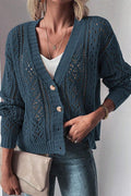 Cardigan Cotton Blend V Neck Openwork Button Up Long Sleeve Peacock Blue 33f24fd0-747a-4f6a-91c6-114a918b370e-Max Trendsi