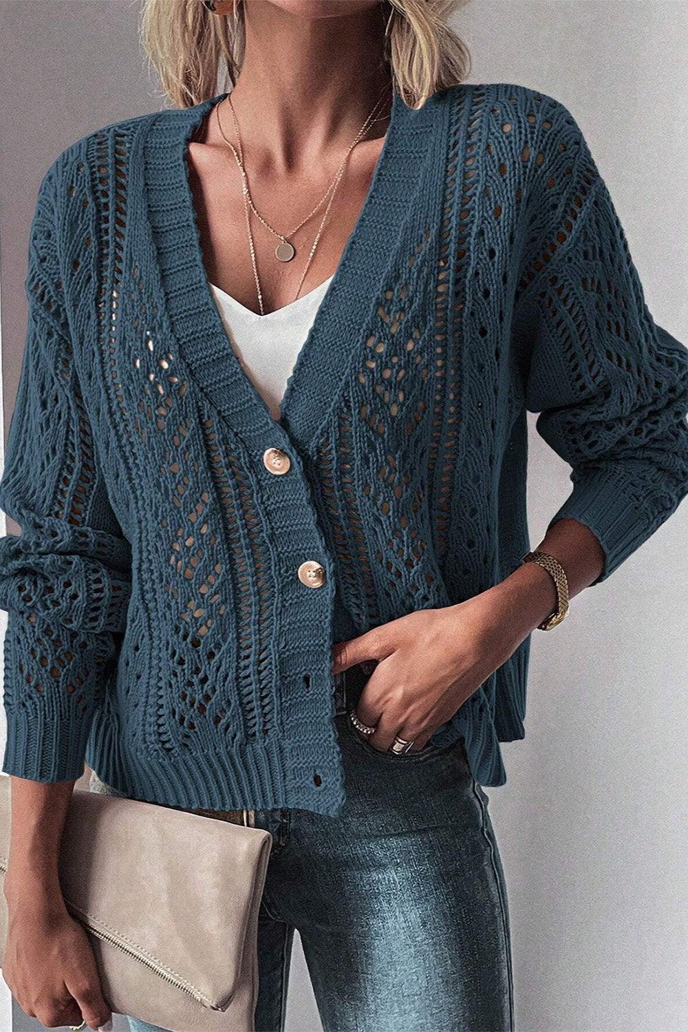 Cardigan Cotton Blend V Neck Openwork Button Up Long Sleeve Peacock Blue