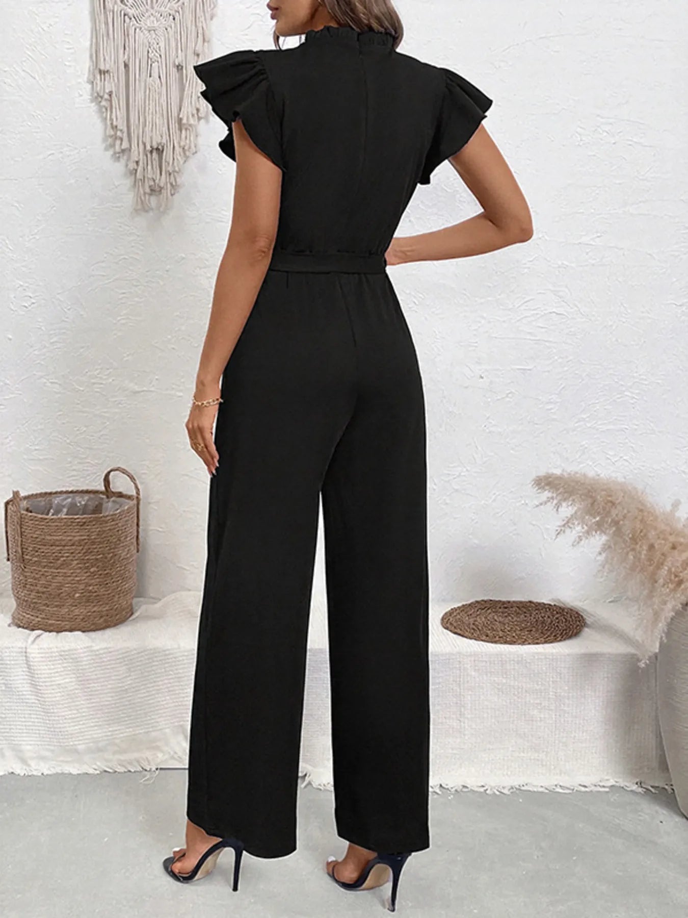 Black Jumpsuit Pearl Detail Ruffled Cap Sleeve Bow Tied Belted One-piece 33f6a0c9966945bd95d6607b1b56e058-Max-Origin Trendsi