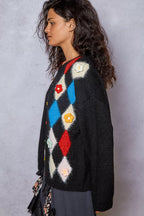 POL Womens Cardigan Black Diamond Pattern Round Neck Buttoned Sweater 33f8a4fa-f1f5-408f-823c-deb5d9334c74-Max-Origin Trendsi