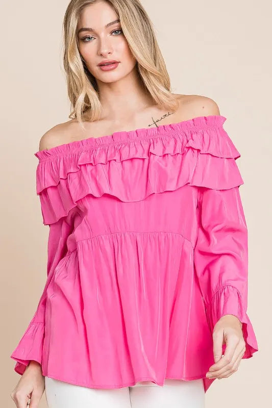 Lime 'N' Chili Ruffled Top Fuchsia Pink Trumpet Sleeve Off-The-Shoulder Blouse 3405486fb26544d0ac3d4b306d9ff890-Max-Origin Trendsi