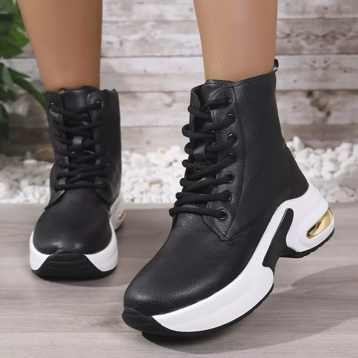 Women's Ankle Boots Pu Leather Lace Up Platform Mid Heels Shoes Black 340fe0de99da457e85d78fe1cb9be9ee-Max-Origin Trendsi