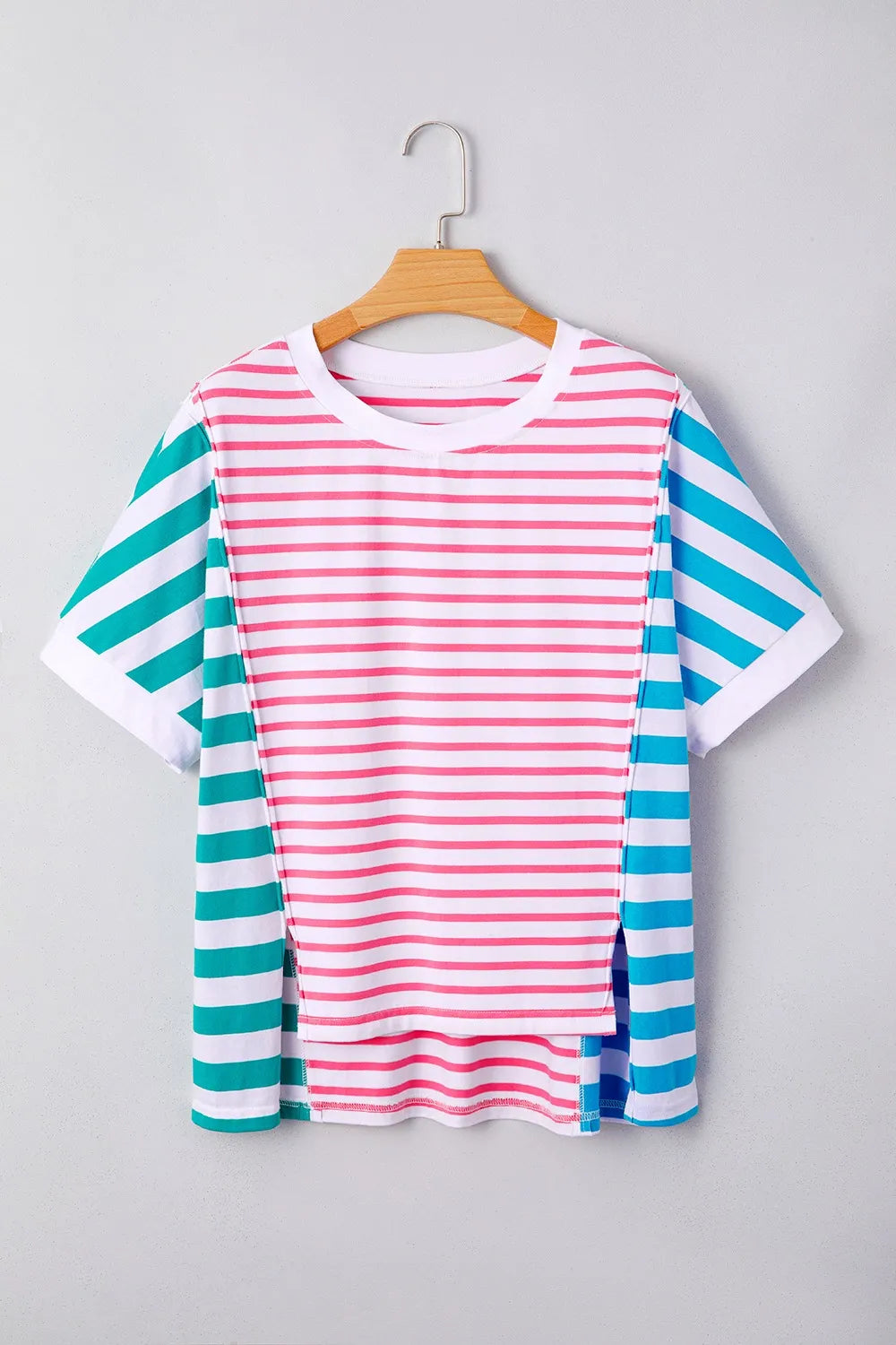 Women's T-Shirt Striped Color Block Batwing Short Sleeve Exposed seam Top 34120eeb-5273-44a2-8bb9-3768a7f4b907-Max-Origin Trendsi
